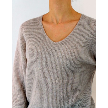 Pull en ALPAGA - col V - Beige d'Oscalito