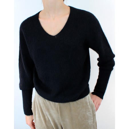 Pull en ALPAGA - col V - Noir d'Oscalito