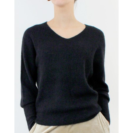 Pull en ALPAGA - col V - Noir d'Oscalito