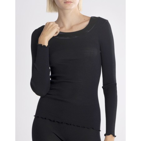 Top Laine & soie col rond satin, NOIR d'Oscalito