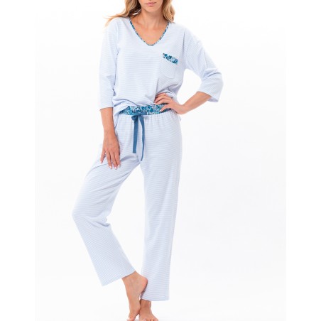 Pyjama coton rayé bleu ciel - Le Chat