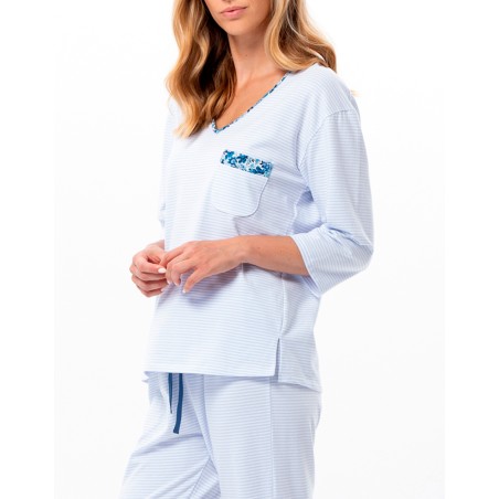 Pyjama coton rayé bleu ciel - Le Chat