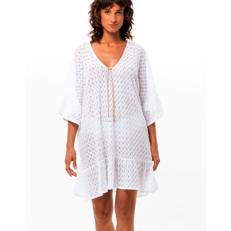Kaftan en maille ajourée blanc de LE CHAT